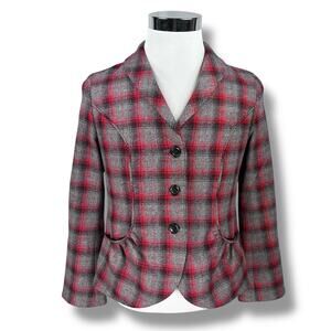 Pendleton‎ Blazer Jacket Women’s 10 Red Gray Plaid Wool 3-Button Single Breasted